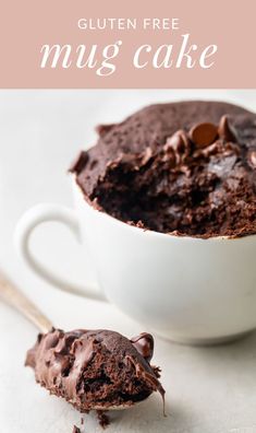 chocolate mug cake in a white cup with a spoon on the side and text overlay that reads gluten free mug cake