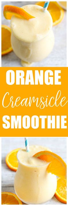 an orange creamsice smoothie is garnished with two straws