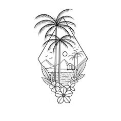 a black and white drawing of a palm tree with mountains in the distance behind it