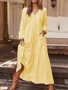 Olivia Mark - Vintage Buttoned Cotton Linen Casual Long Sleeve Maxi Dress with Pleated Hem - Multiple Colors Cotton Boho Dress, Vacation Maxi Dress, Vestidos Retro, Womens Fall Dress, Shift Dresses, Long Sleeve Casual Dress, Women Maxi, Long Sleeve Maxi, Types Of Skirts