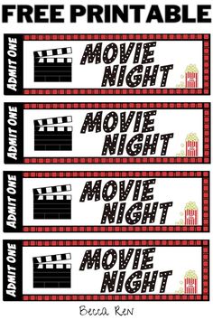 movie night tickets Diy Movie Night Ideas, Movie Night Printables, Movie Ticket Template, Movie Theater Party, Ticket Template Free