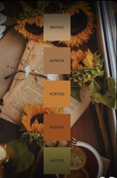 the color palettes in this photo are brown, yellow and green with sunflowers