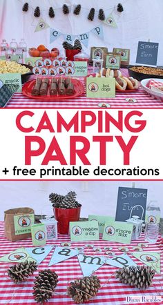 an outdoor camping party with pine cones and decorations on the table, including signs that say free printable decorations