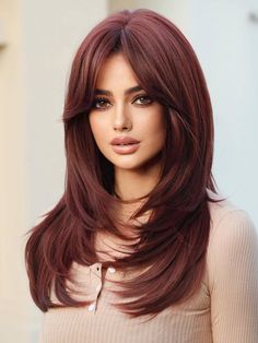 Burgundy  Collar  Synthetic Fiber  Bangs Wig Embellished   Wigs & Accs Wigs With Curtain Bangs, Dark Burgundy Hair, Burgundy Hair Color, Layered Wig, Bangs Wig, Hair Color Burgundy, Jet Black Hair, Straight Wigs, Black Hair Color