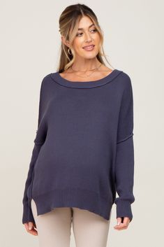 A maternity sweater featuring a crew neckline, ribbed trim, exposed seam detailing, long sleeves and side slits. The Navy Exposed Seam Side Slit Maternity Sweater is perfectly bump-friendly! Maternity Sweater, Pink Blush Maternity, Back In Stock, Maternity Wear, Maternity Fashion, Maternity Clothes, Bump, Crew Neckline, Apparel Accessories