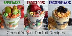 cereal yogurt parfait recipe in two glass jars with fruit and cereal toppings