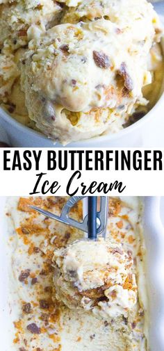 two images showing how to make easy butterfingerer ice cream