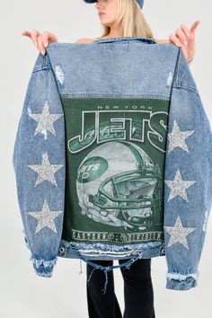 New York Jets Outfits, Gameday Jean Jacket, Nfl Denim Jacket, Cheer Jean Jacket, Sports Jean Jacket, Upcycled Football Jersey, Football Jean Jacket Girlfriend, Nfl Jean Jacket, Eagles Outfit