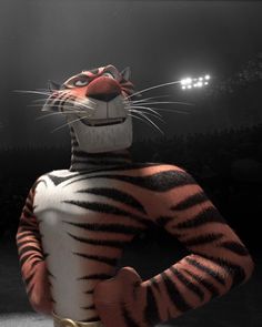 an animated tiger standing in front of a crowd at a baseball game with the stadium lights on