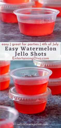 red jello shots in plastic containers with the words easy great for parties 4th of july