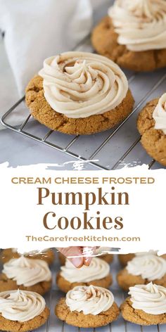 cream cheese frosted pumpkin cookies on a cooling rack