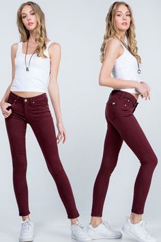 Sounds like you're looking for a way to really step out and show off your personal style. Well, these Colored Ankle Skinny Jeans will give you an edge with their ankle length that's perfect for just about any occasion so other girls will be wishing they had what you've got. #colorDenim #popstry #jeans Burgundy Jeans, Kick Flare Jeans, High Rise Mom Jeans, Medium Wash Jeans, Best Jeans, Size Pattern, Burgundy Color, Fashion Colours, Jeans Brands