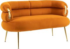 an orange couch sitting on top of a metal frame