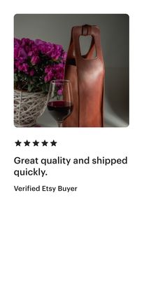 an image of a bag and wine glass with the words great quality and shipped quickly verified easy buyer