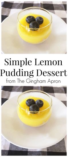 lemon pudding dessert with blueberries in a glass bowl on a checkered table cloth