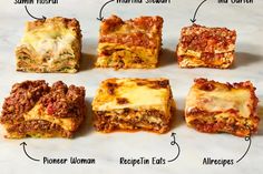 six different types of lasagna sitting on a counter top, labeled in the following words