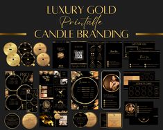 luxury gold printable candle branding with black and gold accents on the front, back and sides