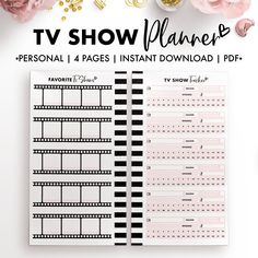 the tv show planner printable is shown with flowers and confetti around it