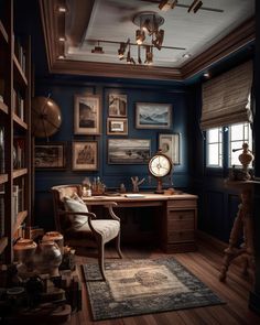 a room with blue walls and wooden floors has a desk, chair, bookshelf, and pictures on the wall