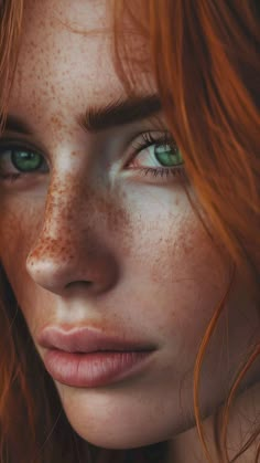 a woman with freckled hair and green eyes