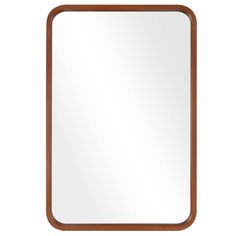 a wooden framed mirror on a white background