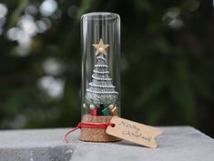 a glass bottle with a christmas tree inside and a tag attached to the top that says merry christmas