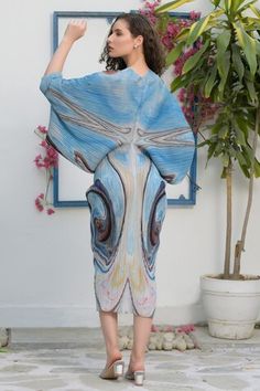 Blue batwing sleeve kimono kitsch dress with abstract prints. - Aza Fashions Spring Kaftan With Kimono Sleeves And Fitted Design, Spring Fitted Kaftan With Kimono Sleeves, Blue Fitted Kaftan For Beach, Fitted Blue Kaftan For The Beach, Blue Butterfly Sleeve Dress For Beach, Elegant Blue Kimono For Summer, Elegant Blue Kimono For Vacation, Blue Kaftan With Kimono Sleeves For Spring, Multicolor Batwing Sleeve Dress For Spring