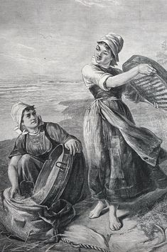 an old drawing of two people on the beach, one is holding a bird in her hand