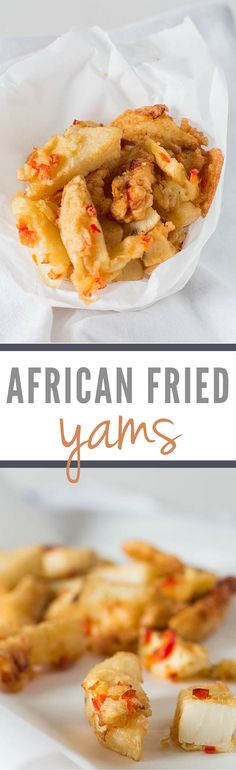 an african fried yams on a white plate with text overlay that reads,'african fried yams '