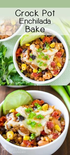 crock pot enchilada bake in a white bowl