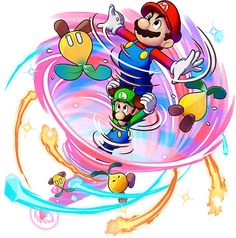 mario and luigi are flying through the air with their arms in the air, while other characters