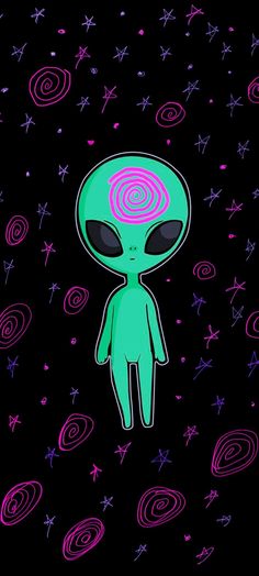 an alien standing in front of stars and swirls on a black background with pink, purple, and blue colors