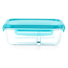 a blue glass container with two compartments on the top and one is open to show it's lid