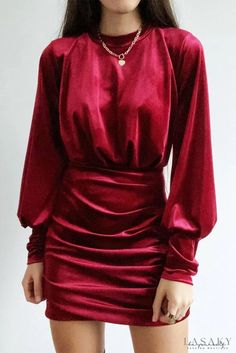 Lasaky - Green Velvet Ruched Long Sleeve Stand Collar Mini Dress With Hollow Out Back Velvet One Piece Dresses, Collar Mini Dress, Full Sleeves Dress, Stand Neck, Autumn Sleeve, Velvet Mini Dress, Sleeves With Cuffs, Mock Neck Long Sleeve, Burgundy Velvet