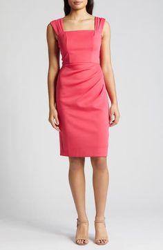 Soft pleats shape this evening-out dress fashioned from scuba-knit fabric and designed with a modern square neck. 41" length Square neck Cap sleeves Lined 95% polyester, 5% spandex Dry clean Imported Cocktail Dress Nordstrom, Scuba Knit, Flounce Top, Scuba Dress, Eliza J, Modern Square, Dress Cuts, Nordstrom Dresses, In Hot