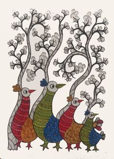 three birds standing next to each other near some trees with white flowers on the branches