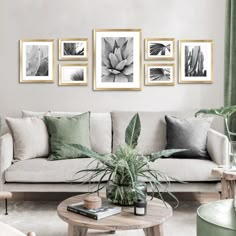 a living room filled with furniture and pictures on the wall above it's coffee table