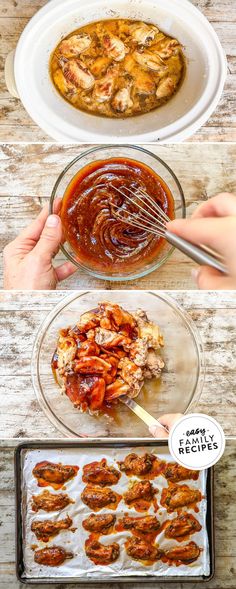 the steps to making baked chicken wings are shown in three different stages, including sauce being poured over them