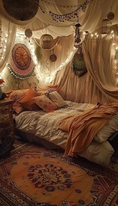 a bed room with a neatly made bed and lots of lights