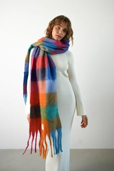 Leah Oversized Blanket Scarf — Colorful Bulky Scarf, Checkered Scarf, Oversized Blanket, Colorful Accessories, Colorful Scarf, Oversized Scarf, Blanket Scarf, Pattern Mixing, Soft Blankets