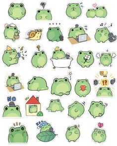 the frog stickers are all green and have different shapes, sizes, and colors