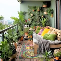 a balcony with lots of plants and potted plants on the wall, along with a bench