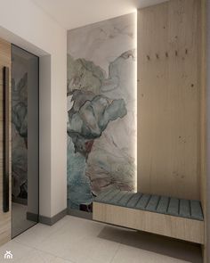 an artisticly designed bathroom with marble and wood