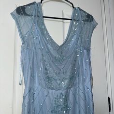 Beaded Blouson Long Dress New With Tags Size 10 Blue Beaded Floor-length Dress, Beaded Blue Floor-length Dress, Blue Beaded Cocktail Dress, Blue Beaded Prom Dress, Silver Grey Dress, Prom Outfit, Drape Gowns, Halter Gown, Beaded Tulle