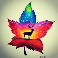 a drawing of a deer standing on top of a leaf with stars in the sky