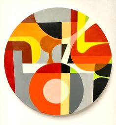 an abstract painting on a white wall with red, yellow and grey circles in the center