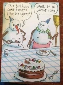 two snowmen are sitting at a table with a cake and one is saying happy birthday