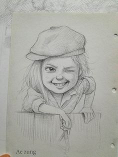 a pencil drawing of a smiling girl with a hat on her head, leaning over a fence