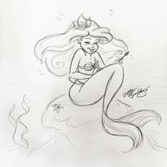 a pencil drawing of a mermaid sitting on the water