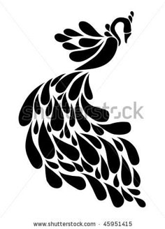 black and white silhouette of a peacock with feathers on it's tail, in the shape